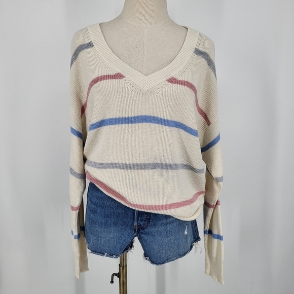 American Eagle Striped Knit Sweater V Neck Slouchy Cream Pink Blue Small - Picture 8 of 8